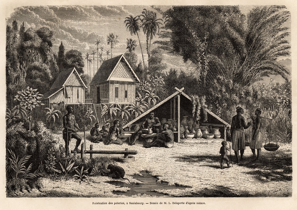 Tillverkning av keramik i Saniaboury (Laos). Gravyr för att illustrera upptäcktsfärden i Indokina, av Francis Garnier, löjtnant de Vaissseau, 1866-1868, publicerad i "" Le tour du monde""" 1870-1871, redigerad av Edouard Charton, upplaga Hac av Unknown artist