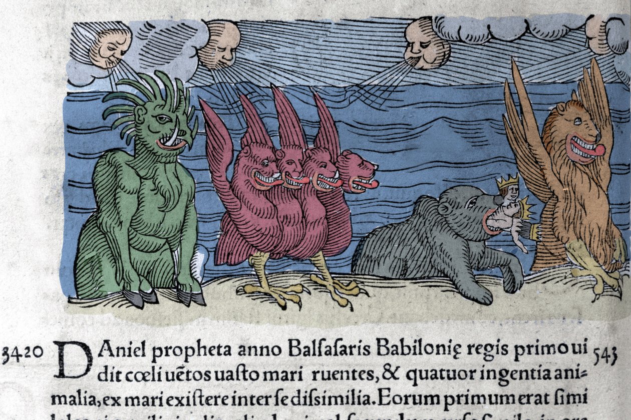 Profeten Daniel ser monster dyka upp: Haniel, Kafziel, Azriel, Aniel. Gravyr från "The Book of Prodigiorum ac ostentorum Chronicon Basileae" av Wolfhart (Conrad Lycosthene) 1557 av Unknown artist
