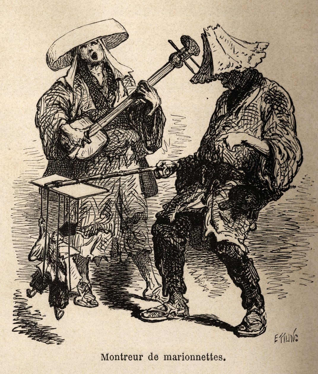 Dockteatern och musikern som följer med honom för gatuunderhållning. Gravyr för att illustrera resan till Japan, av Aime Humbert, minister för Schweiziska edsförbundet, 1863-1864, publicerad i "" le tour du monde", under ledning av Ed av Unknown artist