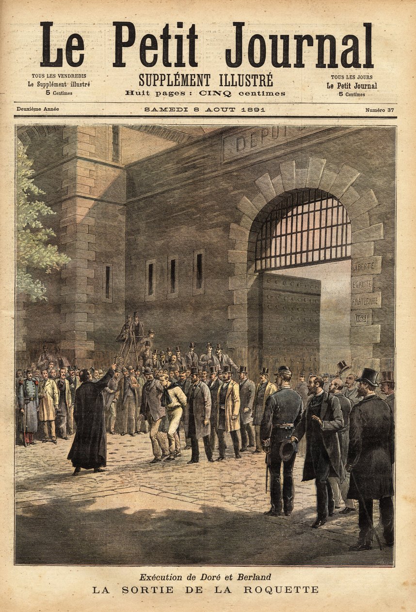 Frisläppandet av Parisfängelset från raketen den 27 juli 1891, brottslingarna Dore och Berland dömde till döden. Gravyr av" Henri Meyer i "" Le petit journal"" 1891-08-08. Selvas samling. av Unknown artist