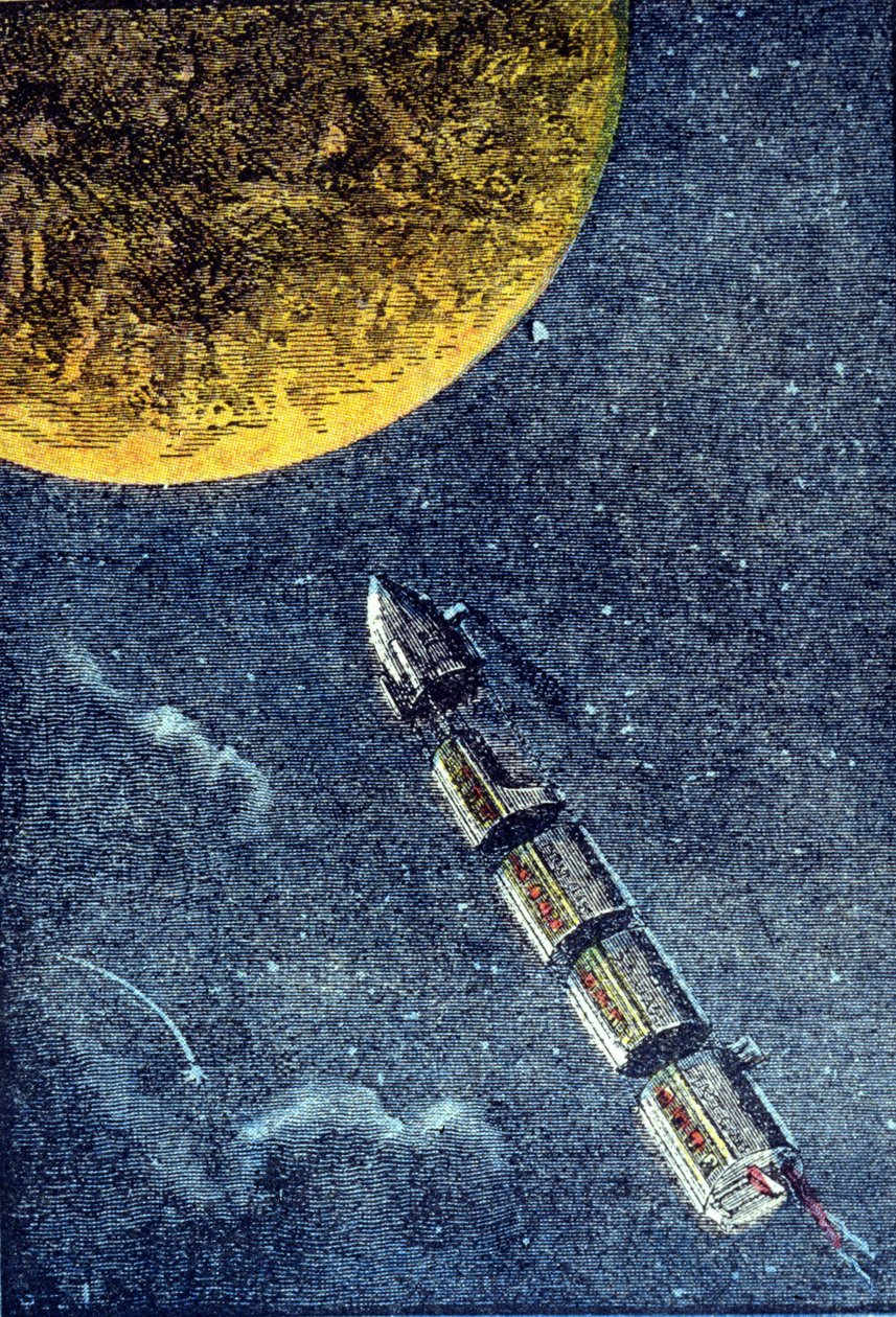 Raketen sköt upp i rymden och anlände till månen - grav. i "Från jorden till månen"" av Jules Verne av Unknown artist