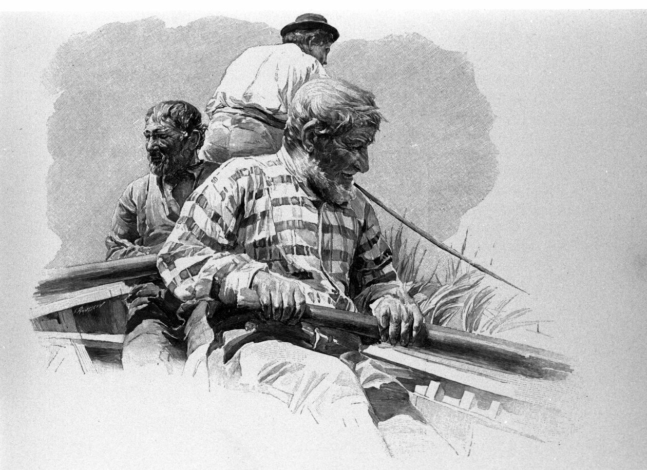 Roddarna på en båt på Anapofloden på Sicilien. av Unknown artist