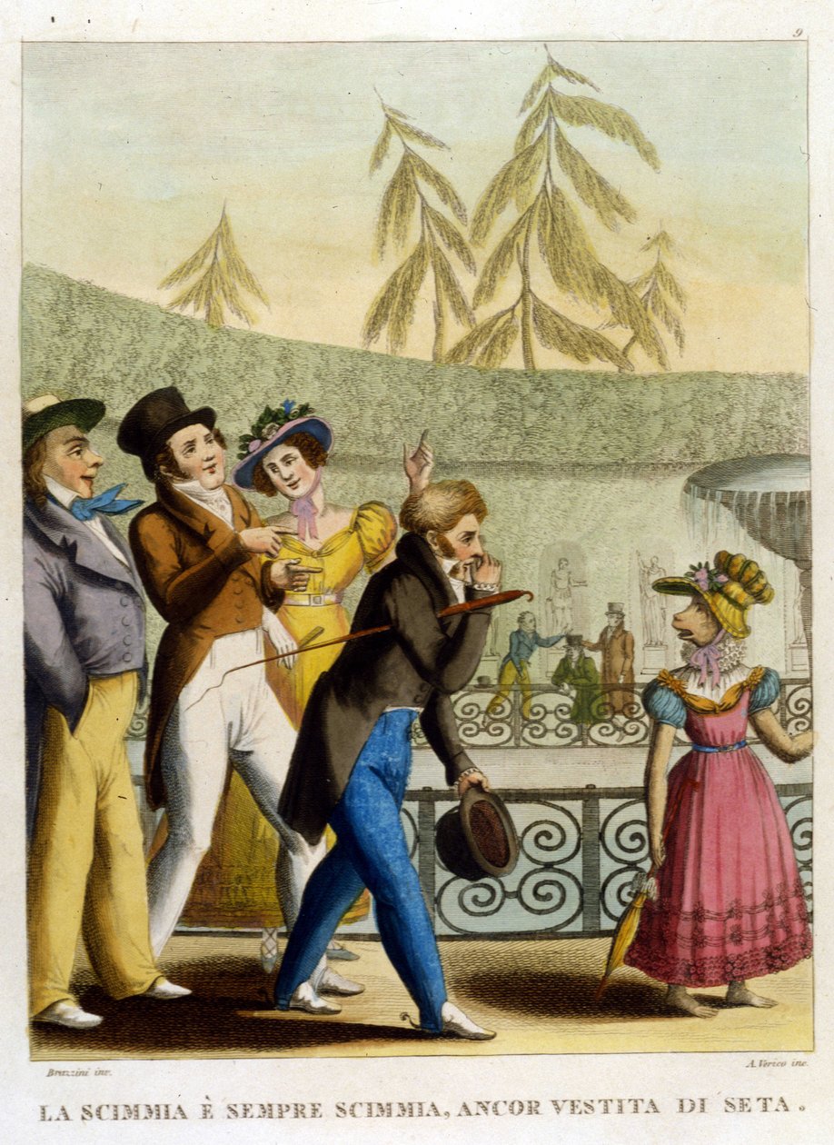 Ordspråket: "En apa, även klädd i siden, förblir en apa" (kappan gör inte munken). Illustration från en samling ordspråk från 1700-talet av Unknown artist