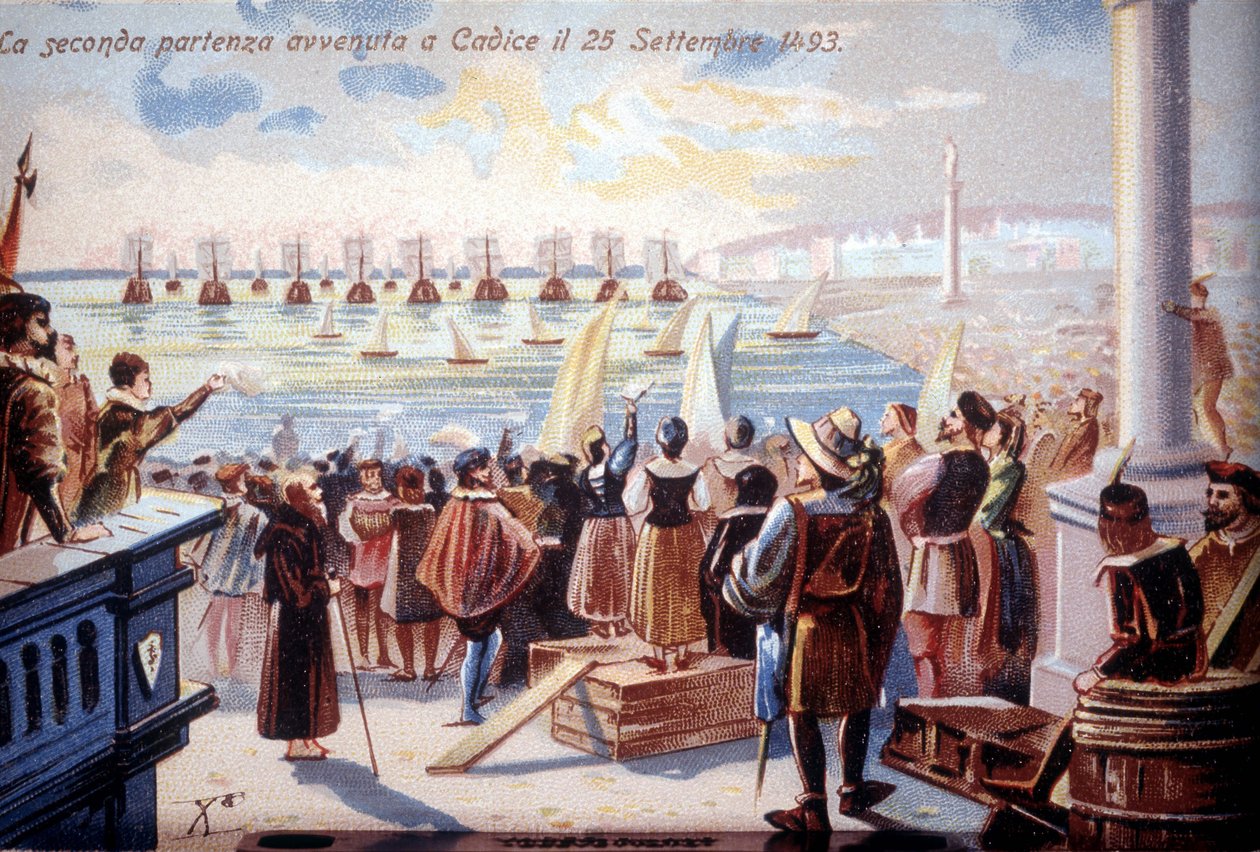Den andra avgången för Christopher Columbus från Cadice den 25/09/1493. av Unknown artist