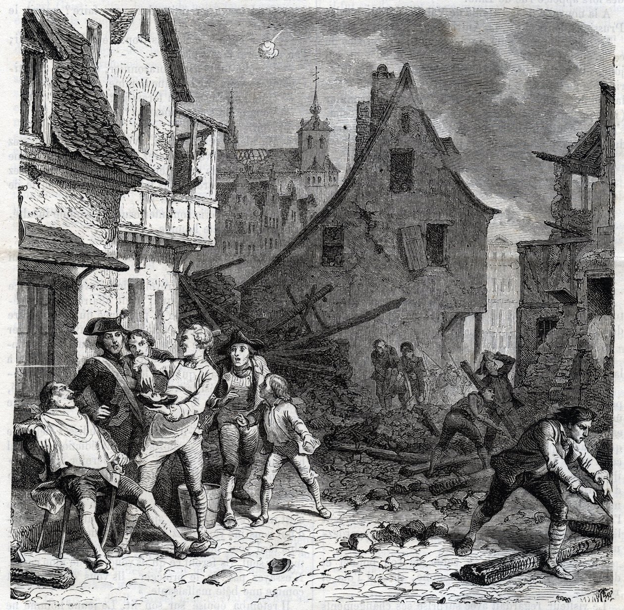 Lilles rakskål. En episod från belägringen av Lille 1792 under de franska revolutionskrigen - Le siege de Lille en octobre 1792 - Revolution francaise - Bombardement av österrikare och preussare - Barberaren använder en halv bomb som skäggfat - engr av Unknown artist