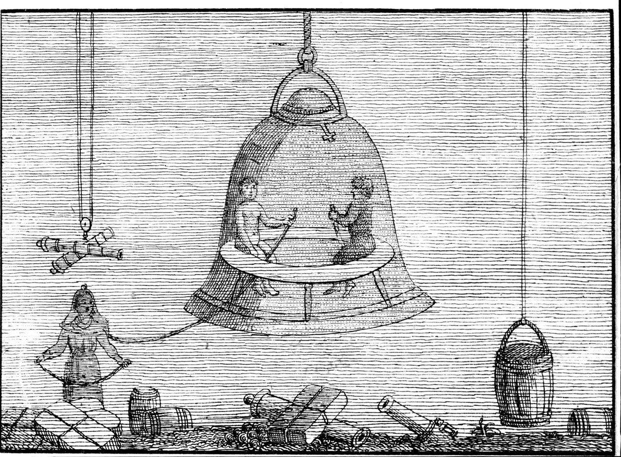 Den lilla klockan på axlarna av mannen till vänster (som tar emot luft från den större klockan) kan betraktas som förfader till hjälmen i en kostym. Sd. gravyr från 1600- eller 1700-talet. av Unknown artist