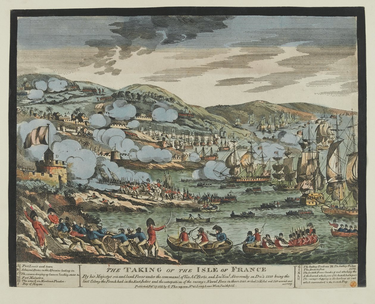 Intagandet av Isle of France (Mauritius), 2 december 1810 (träsnitt, färgad) av Unknown artist