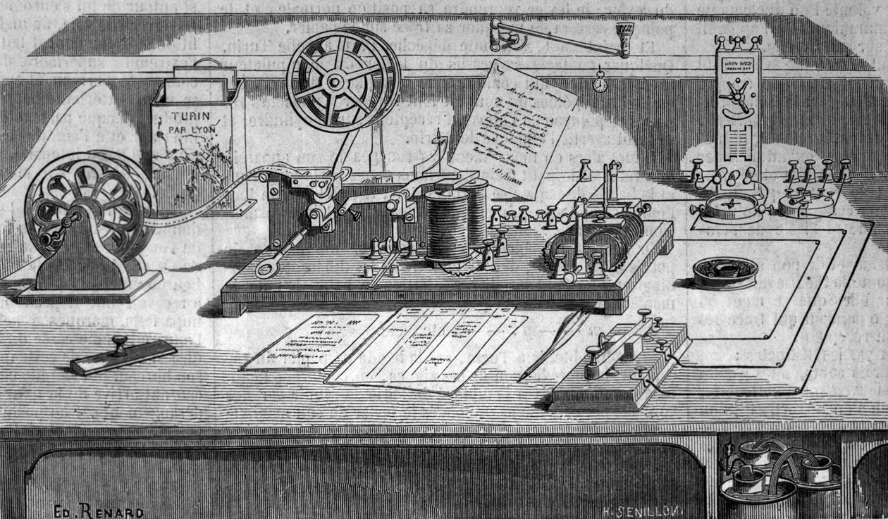 Telegrafen som uppfanns av den amerikanske uppfinnaren Samuel Finley Breese Morse (1791-1872). Gravyr av 1800-talet av Unknown artist