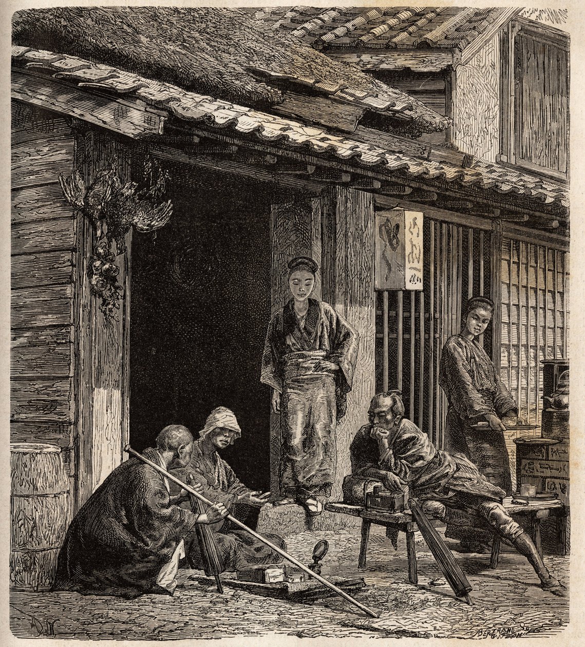 Tröskeln till ett byvärdshus i Japan, värdinnorna fungerar som värdar för sina vanliga gäster. Gravyr för att illustrera resan till Japan 1863-1864, av Aime Humbert, minister för Schweiziska edsförbundet, i "Le tour du monde, nouveau journal des vo av Unknown artist