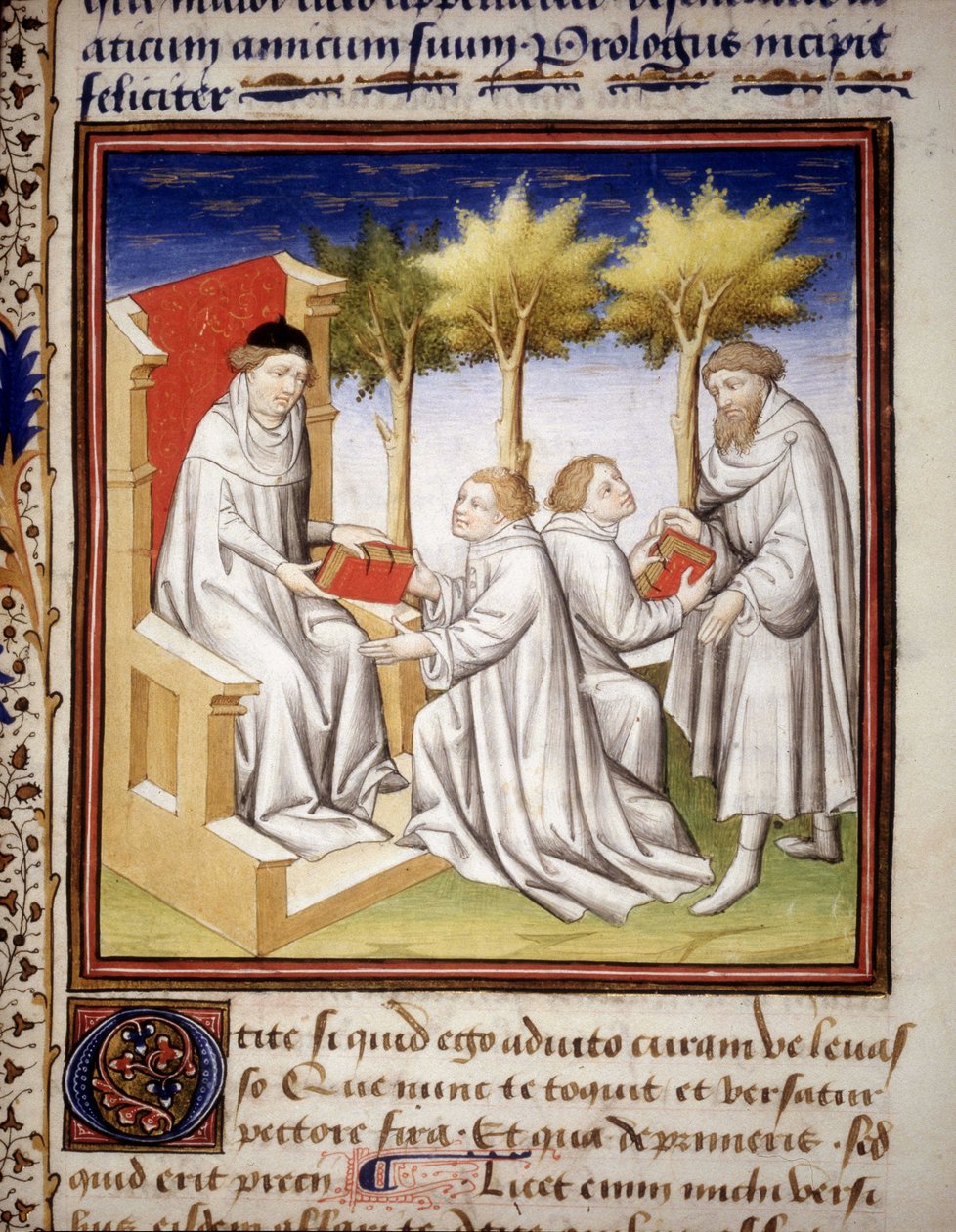 Överföring av kunskap till den yngre generationen. Manuskript "" De Senectute"" av Cicero. 1401. av Unknown artist