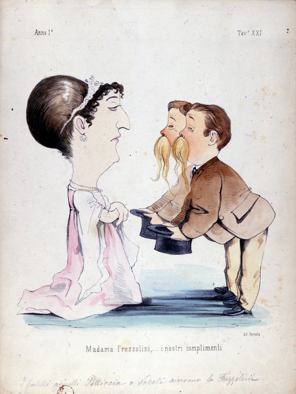 Tvillingbröderna Pelliccia tog emot Erminia Frezzolini, den italienska sopranen (1818-1884). Tecknad film från 1800-talet. av Unknown artist