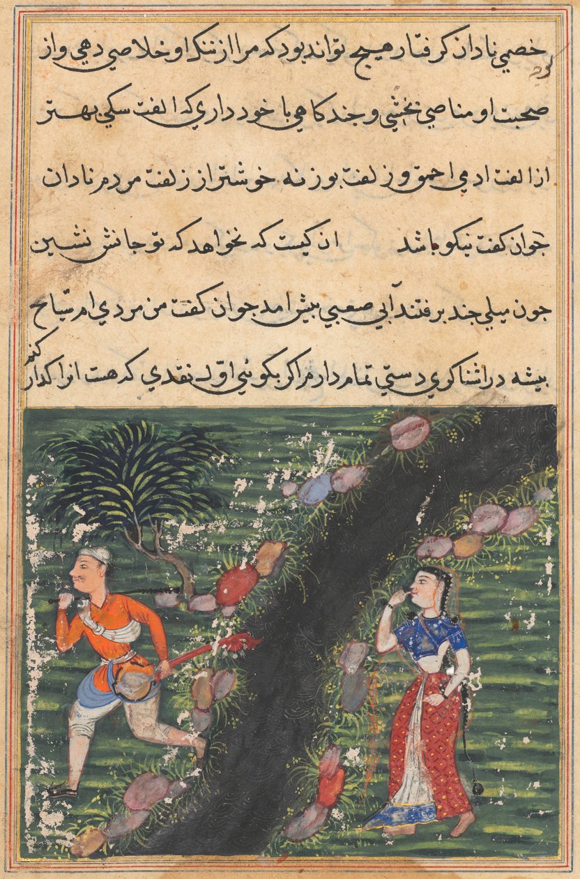 Vagabonden korsar en ström med ägodelar från svärdottern till kungen av Banaras och flyr, från en Tuti-nama (Berättelser om en papegoja): Sextonde natten av Unknown artist