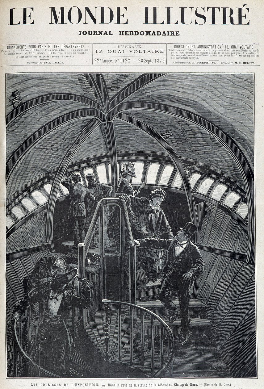Besöket av insidan av huvudet på Frihetsgudinnan på den universella utställningen - i "The Illustrated World"" av 28/09/1878 av Unknown artist
