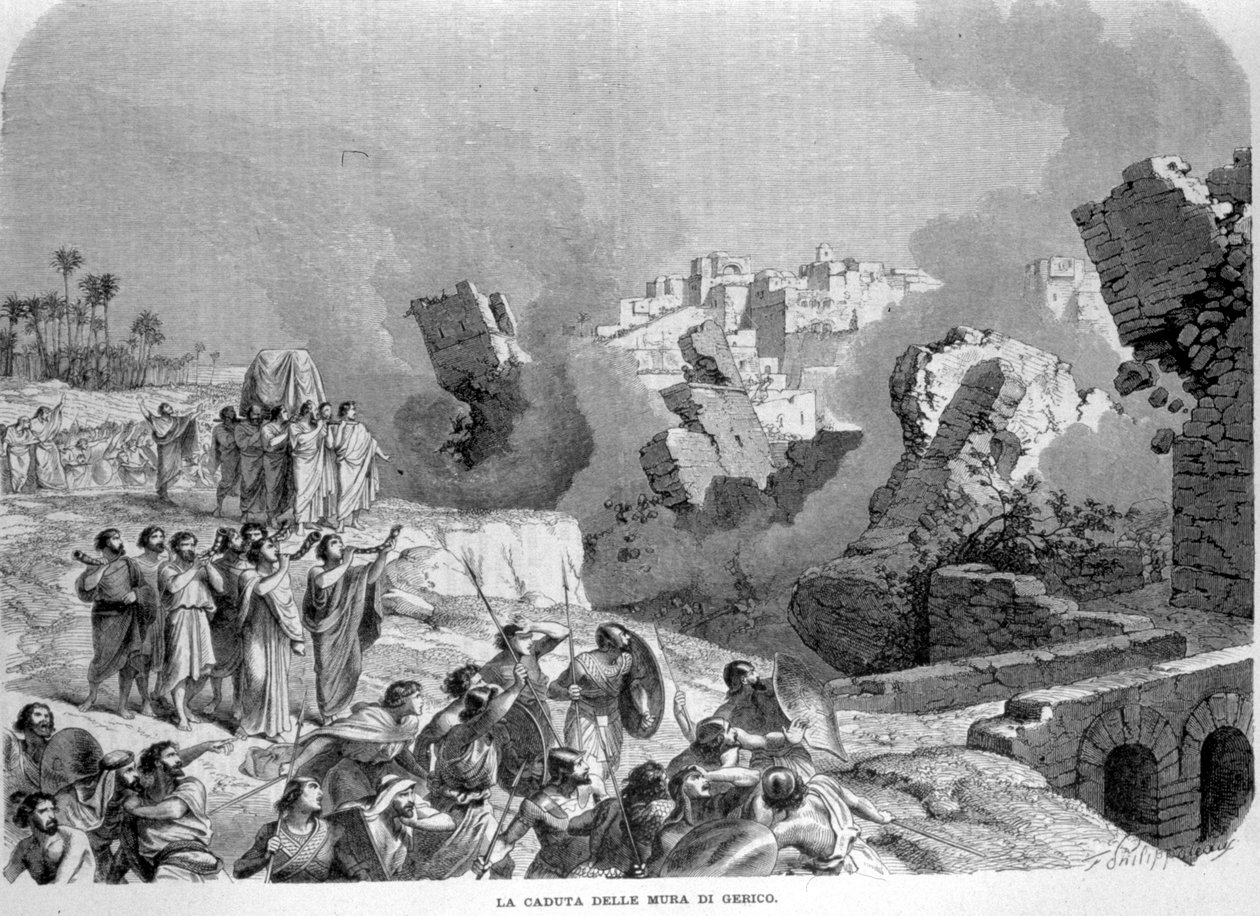 Jerikos murar kollapsade till ljudet av Hoseas trumpeter, vilket gjorde att hebréerna kunde gripa dem. Josuas bok. Gravyr av 1800-talet. av Unknown artist