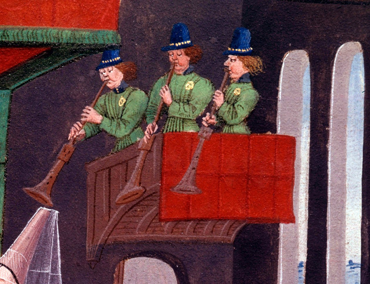 Bröllopsbanketten för Clarisse, dotter till kung Yvon av Gascogne och Renaud Detail som representerar trumpetspelarna. Miniatyr från manuskriptet "Renaud de Montauban" eller "Les quatre fils Aymon" av Loyset Liedet (aktiv mellan 1448 och 1478). Fru 5073. av Unknown artist
