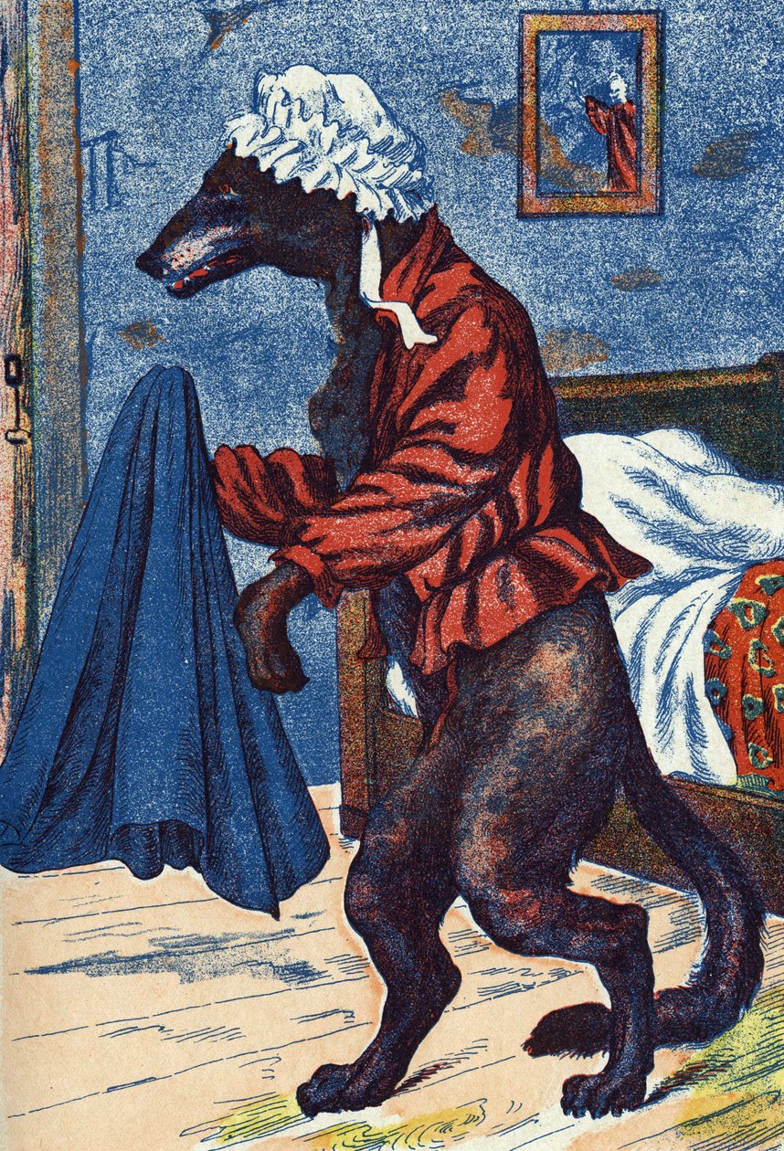 Vargen tar på sig mormoderns kläder. Anonym illustration till "Rödluvan", berättelse av Charles Perrault (1628-1703), fransk författare. Bildmaterial Marcel Vagne, Jarville Nancy, odaterat (slutet av 1800-talet). av Unknown artist