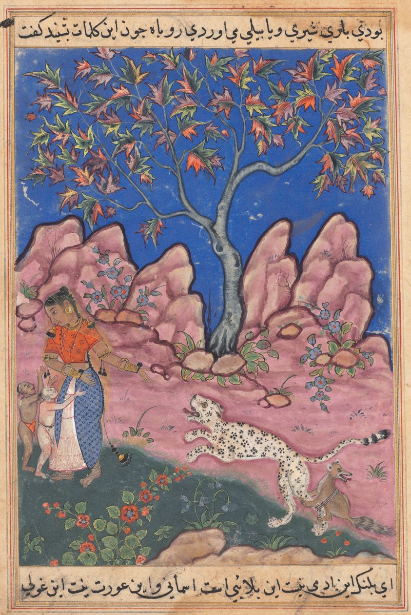 Kvinnan som samtalar med sina barn, när leoparden kommer tillbaka, äggad av en räv som är bunden vid hans ben, från en Tuti-nama (Berättelser om en papegoja): Trettionde natten av Unknown artist