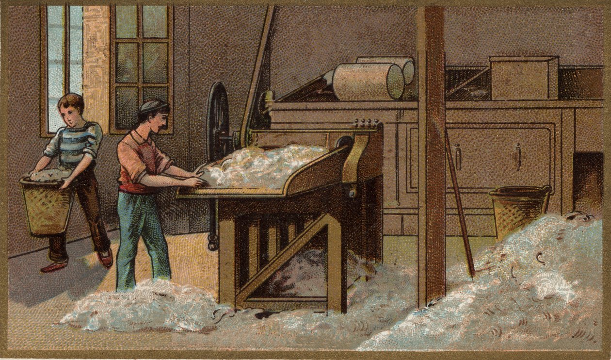Ullindustrin: tröska. Kromolitografi från slutet av 1800-talet av Unknown artist