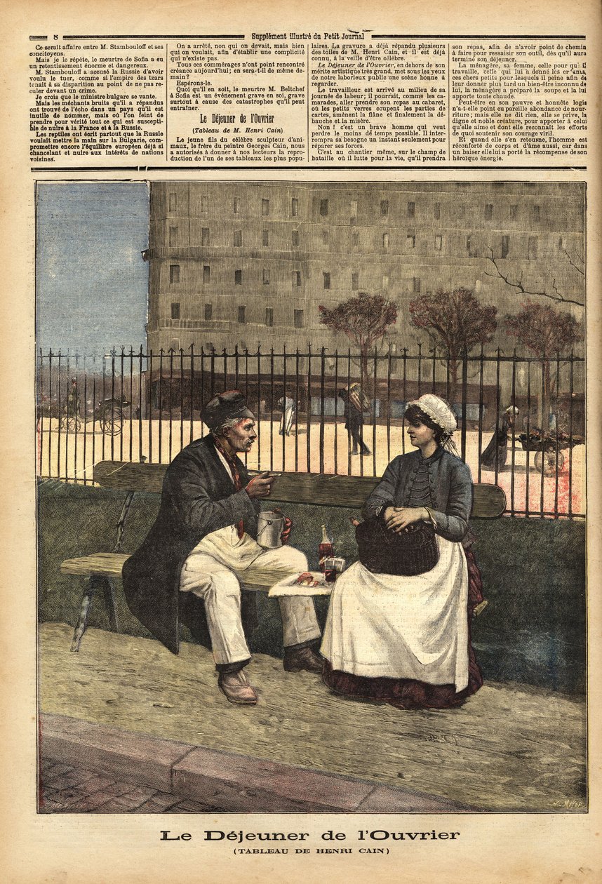 Arbetarlunchen, reproduktion av målningen av Henri Cain (1859-1930), målare och dramatiker. Gravyr i "" Le petit journal"" 1891-04-18. Selvas samling. av Unknown artist