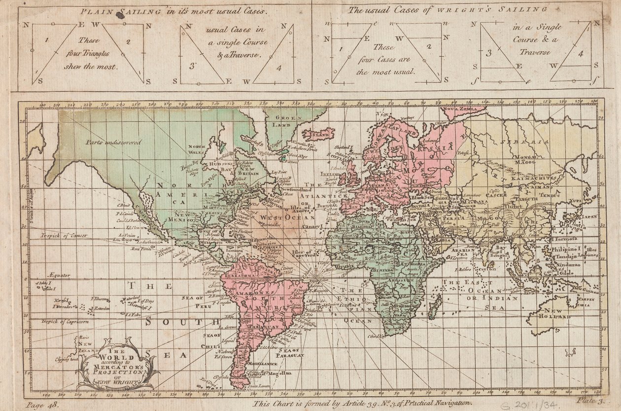 Världen enligt Mercators projektion eller Edw Wrights, ca 1730 (gravyr) av Unknown artist