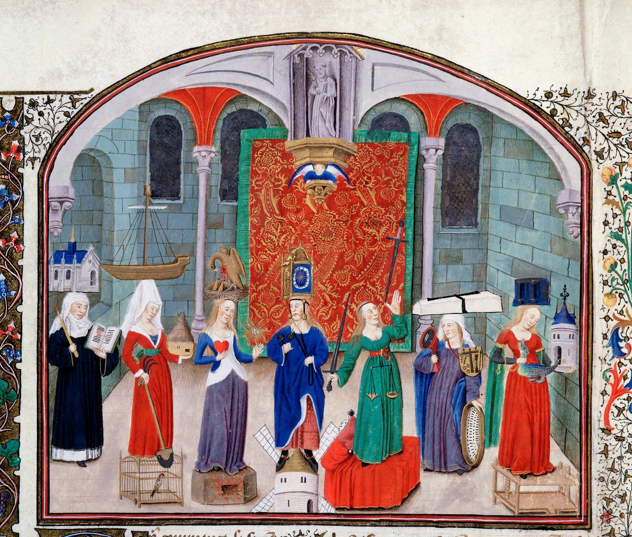 Teori om teologiska och kardinaldygder. Miniatyr från manuskriptet (Ms 927 fol.17V) "" Commentary on Political and Economic Ethics"" av den grekiske filosofen Aristoteles (383-322 f.Kr.) översatt av Nicolas Oresme (1325-1382) av Unknown artist