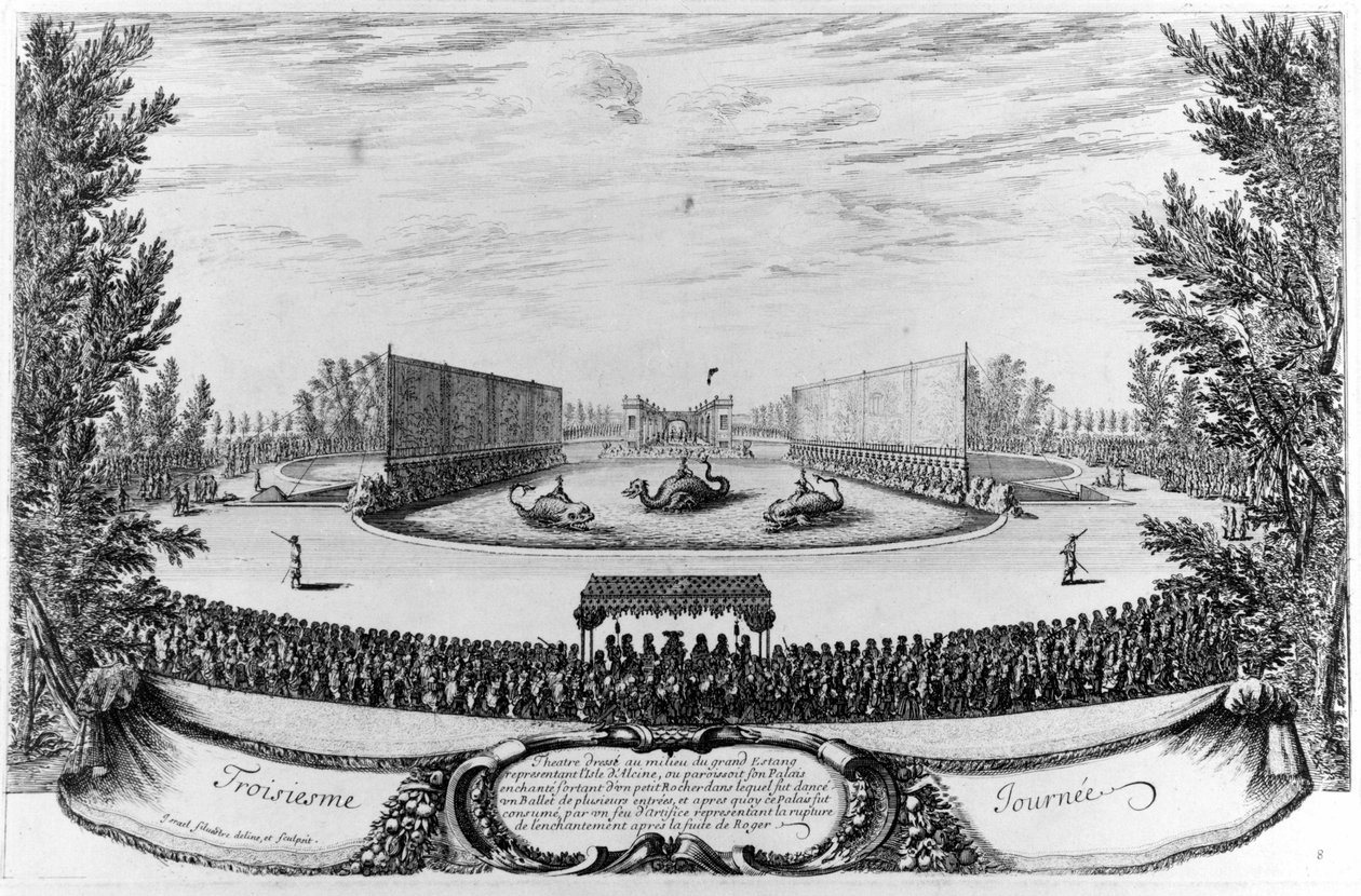 Tredje dagen: teater uppsatt i mitten av den stora dammen, som representerar ön Alcine... Gravyr 1676. av Unknown artist