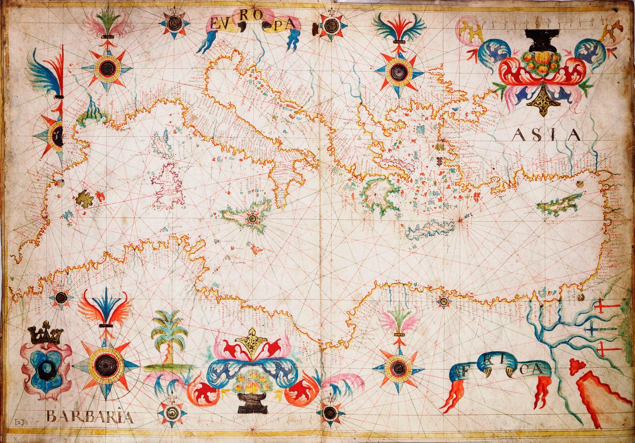 Denna typ av tidiga sjökort i pergament härstammar från Medelhavsområdet på 1200-talet. ca 1610 (manuskript) av Unknown artist