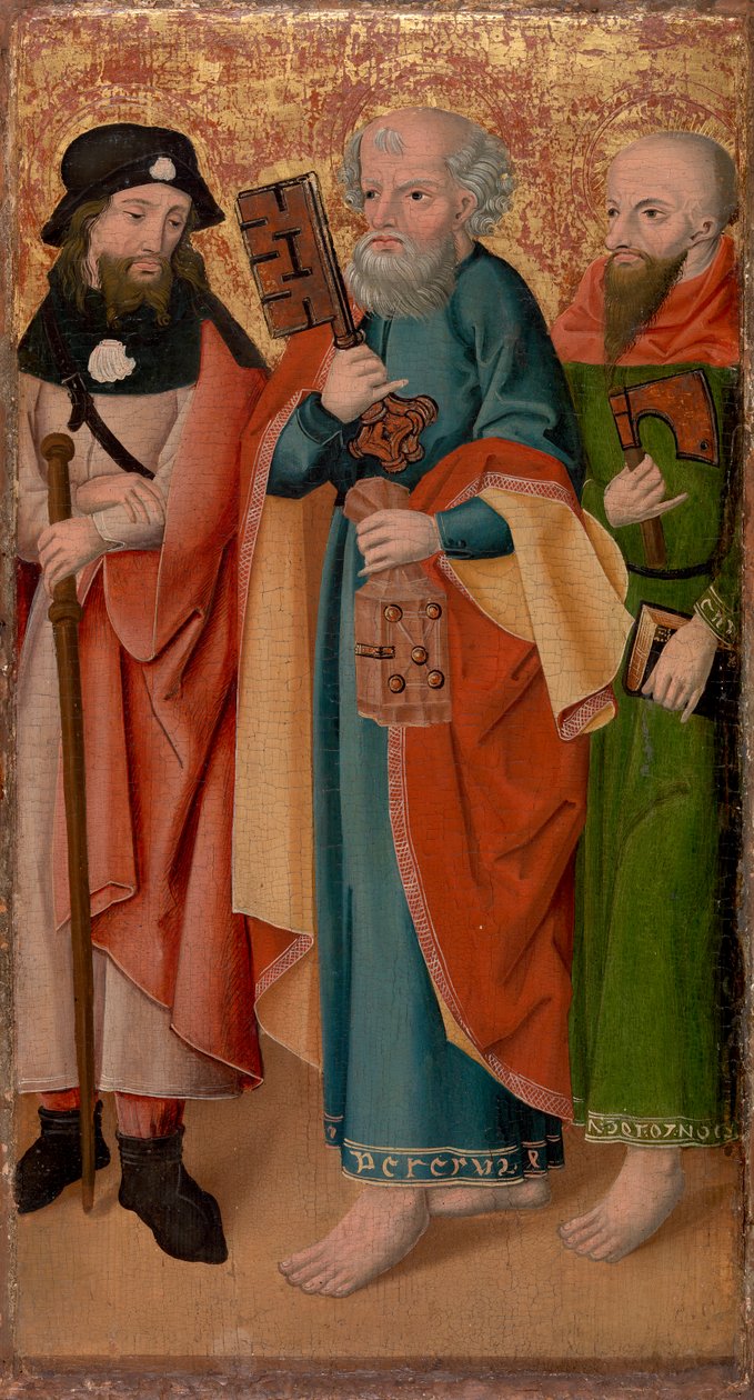 Tre apostlar med käpp, nyckel och yxa av Unknown artist