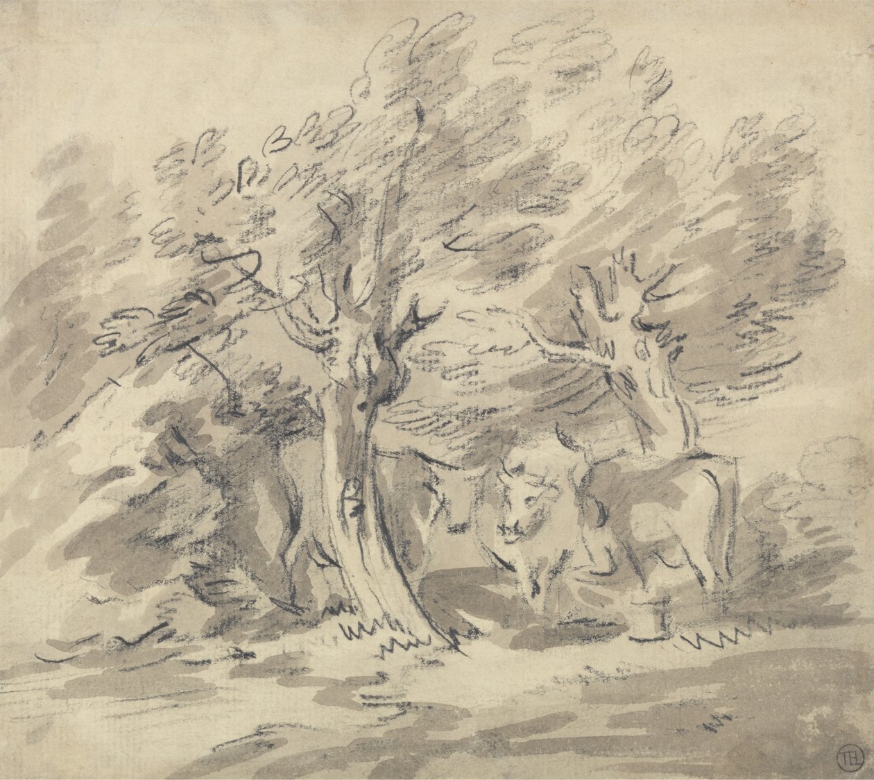 Tre kor som står under en grupp träd av Unknown artist