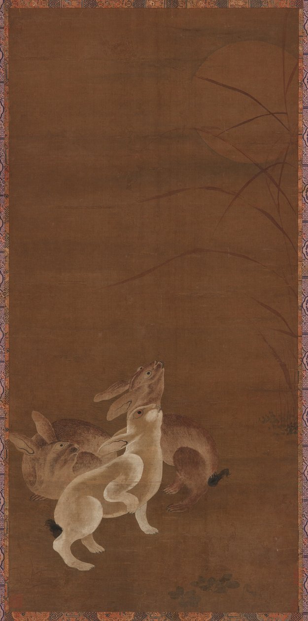 Tre harar tittar på månen av Unknown artist
