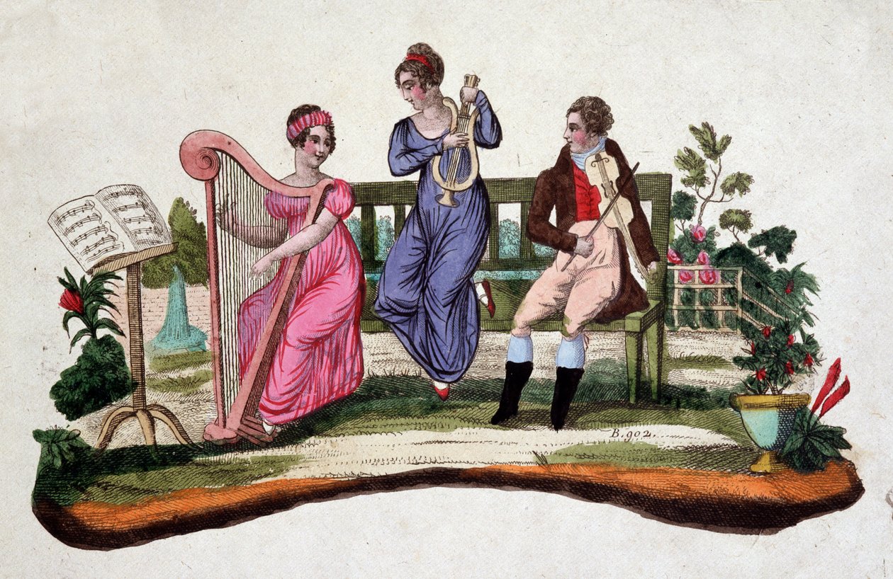 Tre personer som spelar musikinstrument i en trädgård: harpa, lyra, viola. Etsning sd. av 1700-talet. av Unknown artist