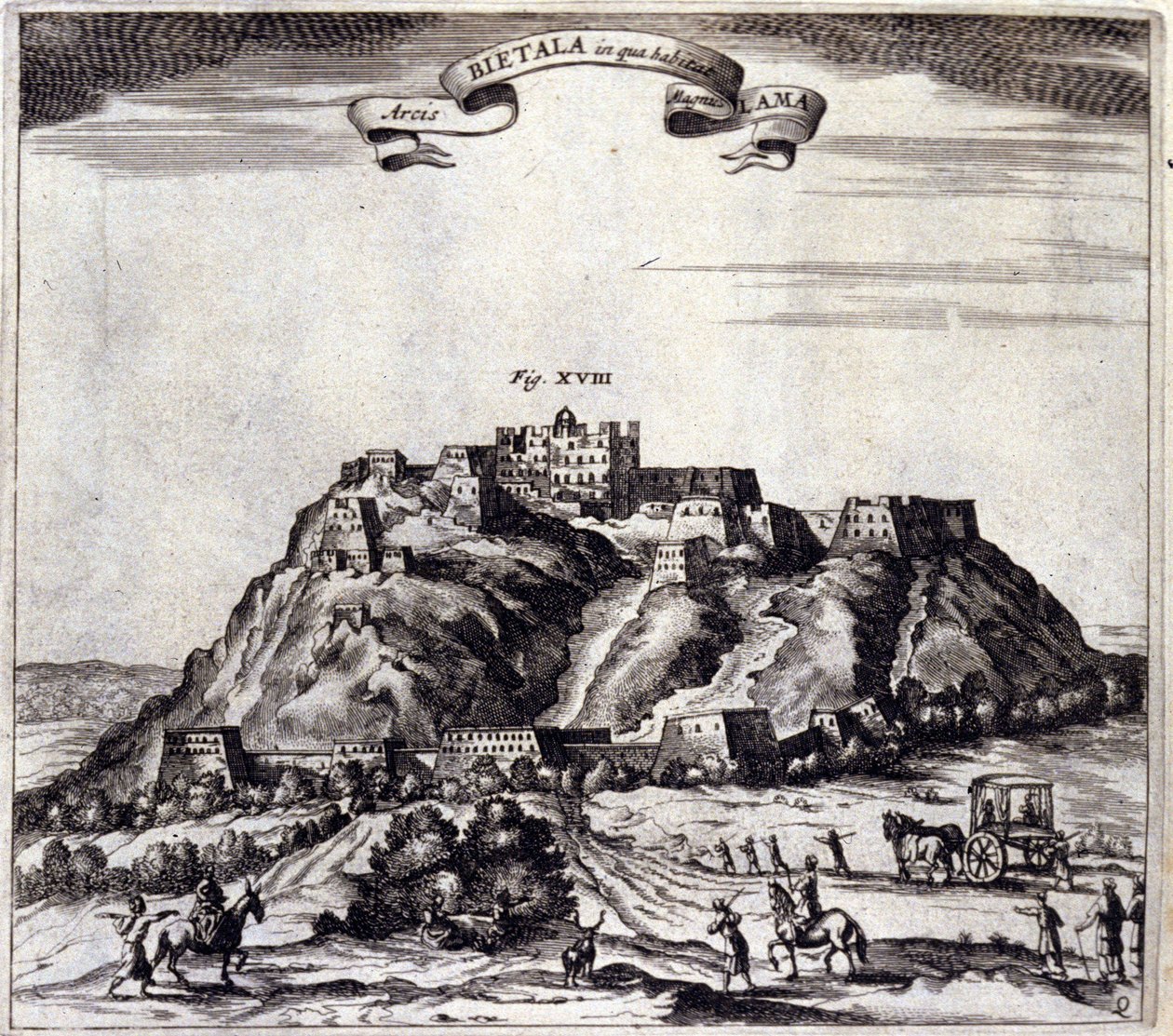 Tibet. Utsikt över Pothala, palatset eller Dalai Lama i Lhasa. "De China Monumenta" av Athanasius Kircher (1601 - 1680), jesuit, orientalist och tysk forskare, Amsterdam 1667. av Unknown artist