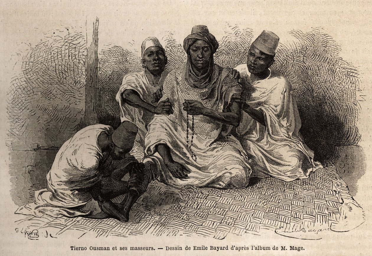 Tierno Ousman, från Toucouleur-stammen, chef för byn Guemmou Koura (Mali), håller ett muslimskt radband med stora korn, rätar upp sina böner, medan hans massörer masserar hans rygg och ben. Gravyr för att illustrera resan till västra Sudan av Lieute av Unknown artist