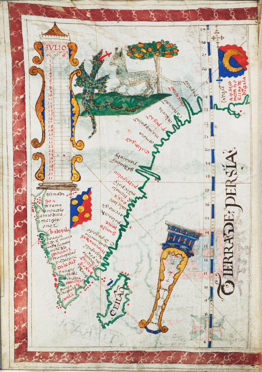 Tierra de Persia", skala: ca 1:13 500 000, med ytterligare platser Sydindien och Sri Lanka, ca 1550-60 (pergament) av Unknown artist
