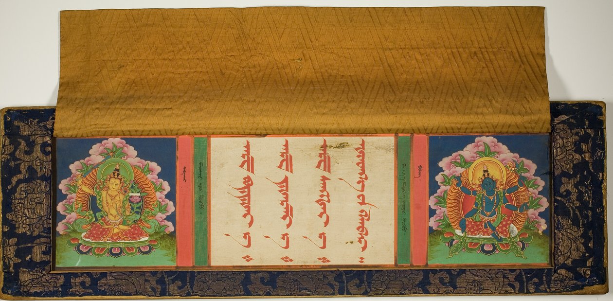 Titelsida och framsida av ett buddhistiskt manuskript med Manjusri (vänster) och Mantramanudharani, en Pancharaksha-gudinna (höger) av Unknown artist
