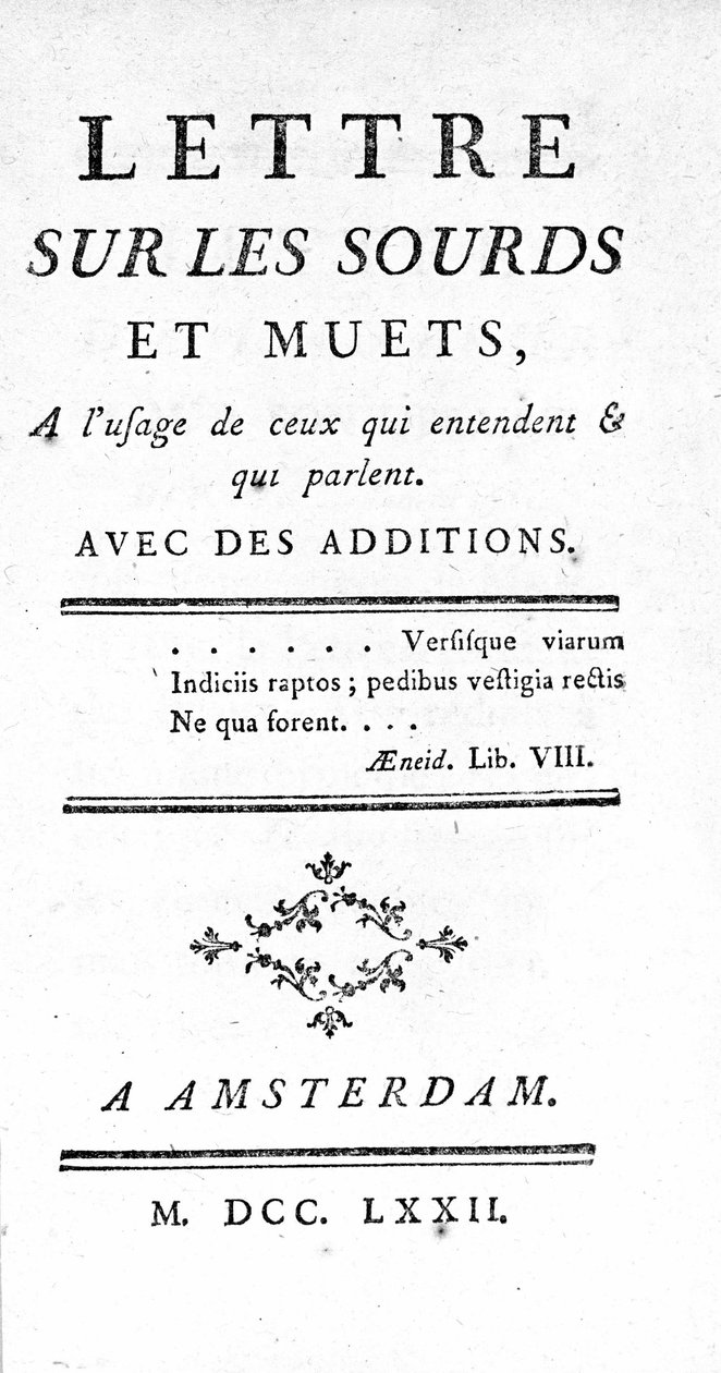 Titelsidan för "" Brev om döva och stumma till användning för dem som hörde och talar" av Denis Diderot av Unknown artist