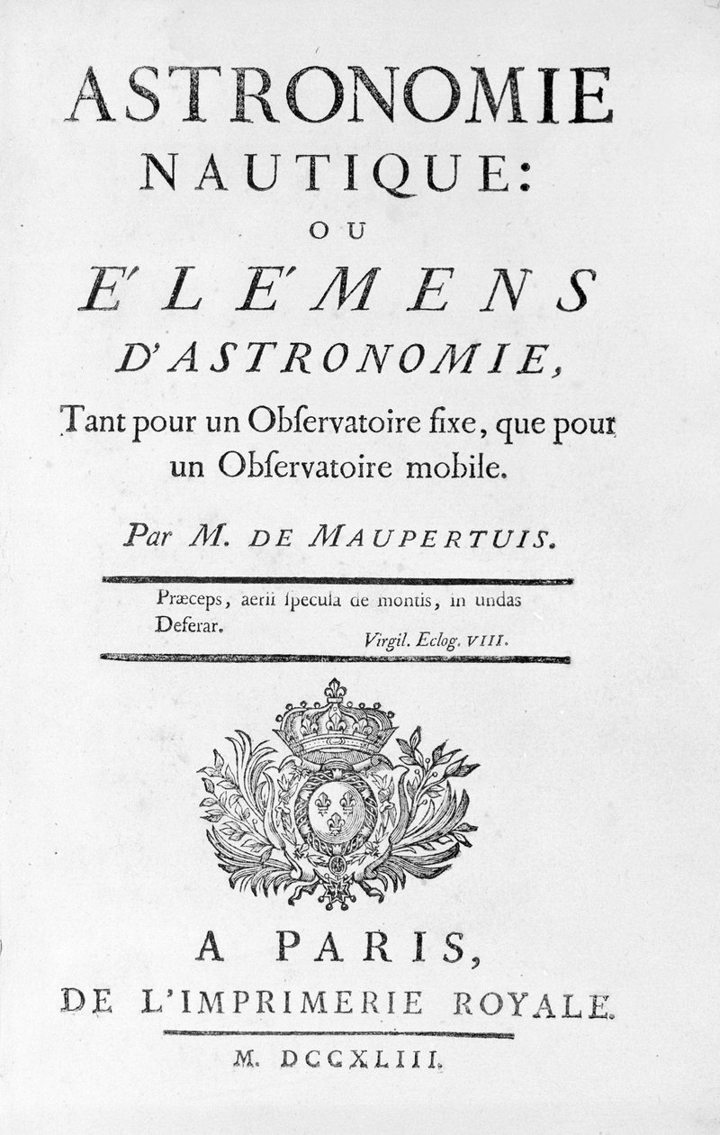 Titelsidan för Nautical Astronomy: eller Elemens (Elements) of Astronomy av M. de Maupertuis (Pierre-Louis Moreau de) (1698 - 1759). 1743. av Unknown artist