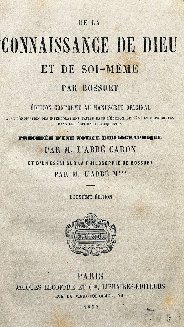 Titelsidan för "Kunskapen om Gud och jaget självt" av den franske teologen och biskopen Jacques-Benigne (Jacques Benigne) Bossuet (1627-1704). 1857. av Unknown artist