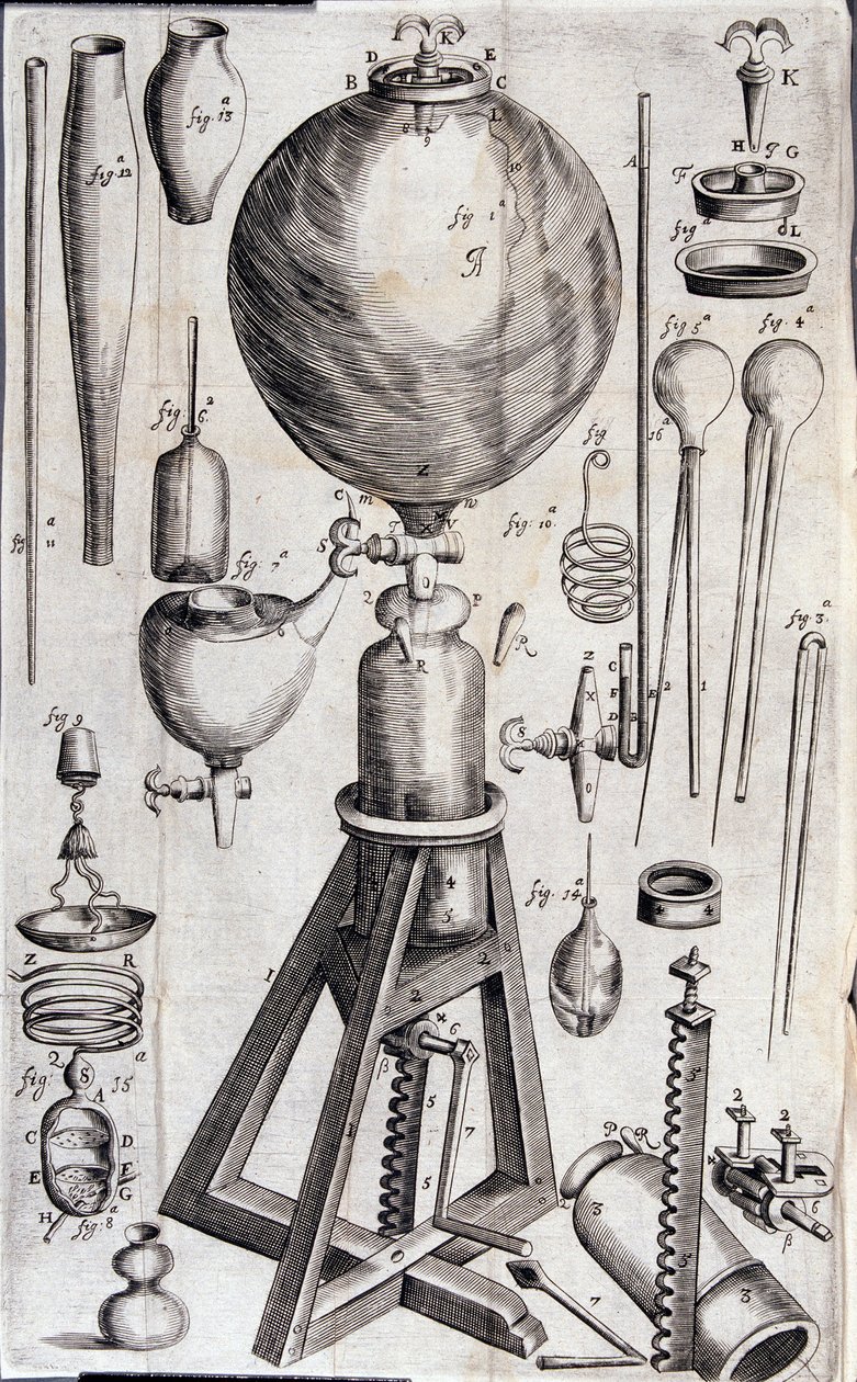Verktyg för vetenskapliga experiment - i "Nya fysik-mekaniska experiment om elastiskt luftkraft och dess effekter, gjorda till största delen i en ny pneumatisk maskin" av Robert Boyle av Unknown artist