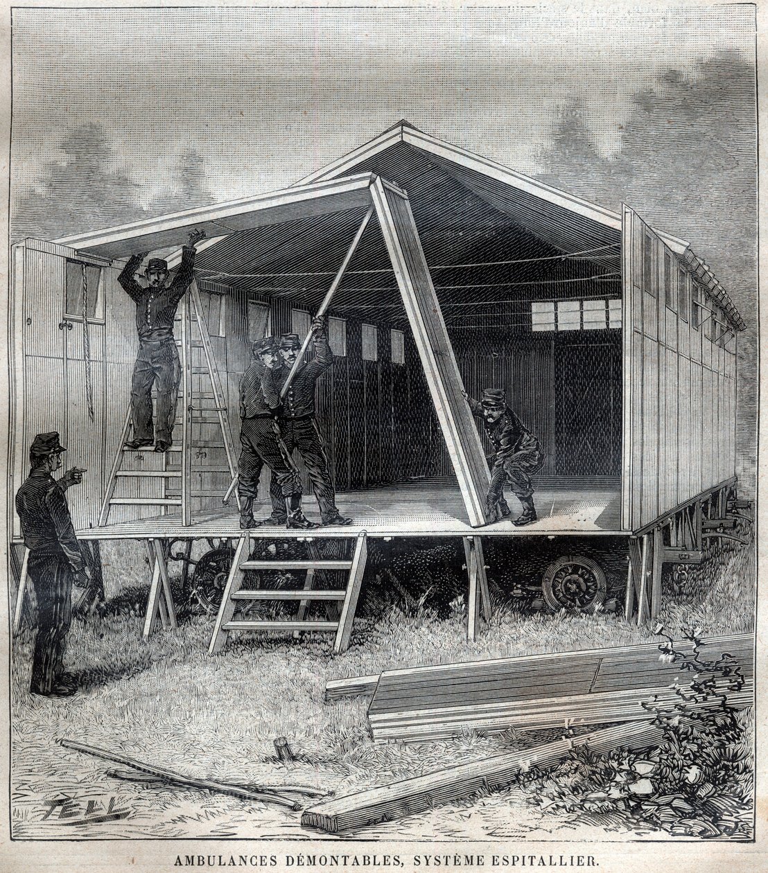 Transportabla kartongkonstruktioner: ambulanser demonterbara, system uppfunnit av befälhavare Espitallier - Gravyr i "" La Science francaise"" av Unknown artist