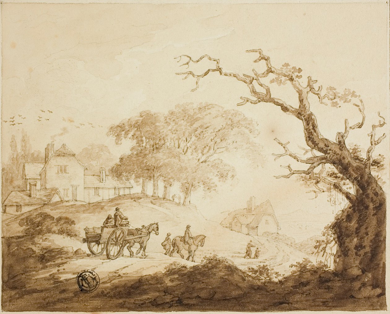Resenärer med hästar och vagn på väg förbi hus av Unknown artist