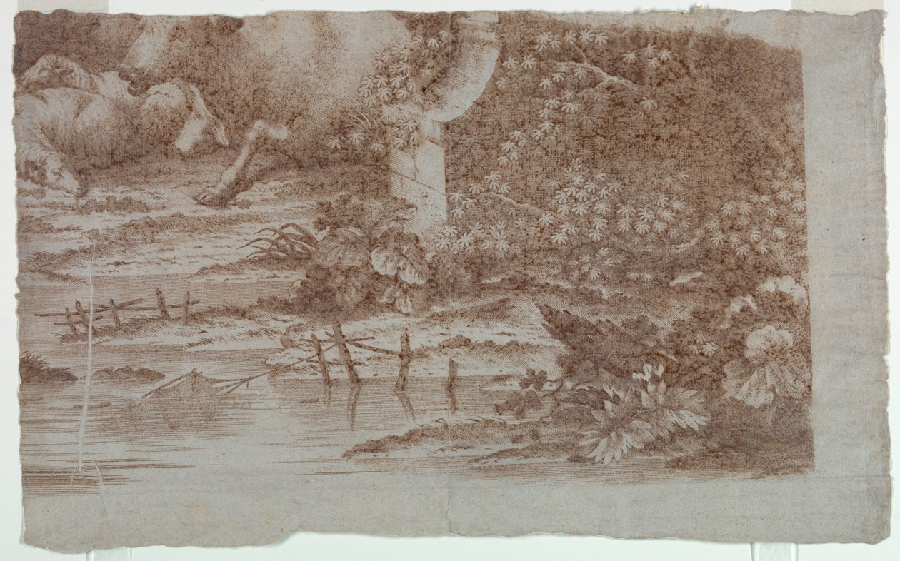 Provbevis för bomullstryck: "Pastoral scen med påfåglar och fjäderfä" av Unknown artist