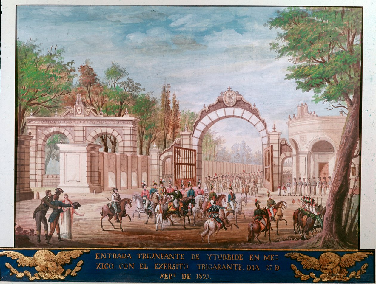 Triumftillträde för Agustin Iturbide (1783-1824), förste kejsaren av det oberoende Mexiko, i Mexico City 1821-09-07 (triumferande inträde för den första kejsaren av det fria Mexiko Agustin Iturbide i Mexico City, 7 september av Unknown artist