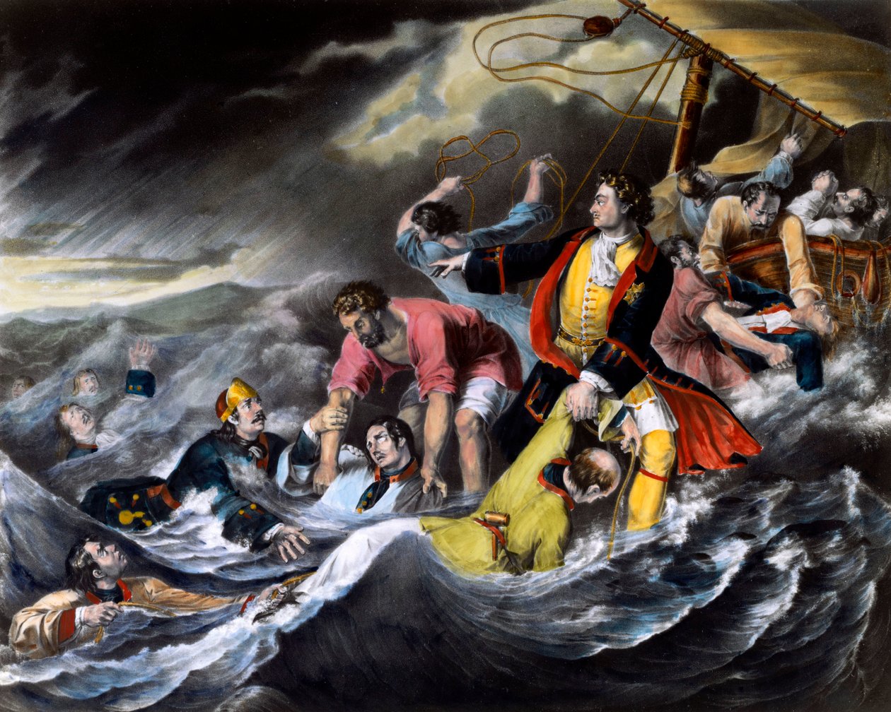 Tsar Peter I den store (1672-1725) räddar soldater från att drunkna under en storm. Anonymt tryck omkring 1724. S:t Petersburg. Eremitagets bibliotek av Unknown artist