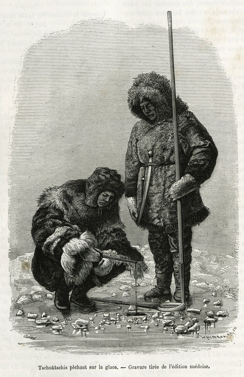 Tschuktschis fiskar på is i Koljutchinbukten (polcirkeln). Gravyr från den svenska upplagan, för att illustrera berättelsen "" Voyage de la Vega runt Asien och Europa", av Nils Adolf Erik (Eric) Baron Nordenskjold (Nordenskiold) (1832-1901), 1878-1880 av Unknown artist