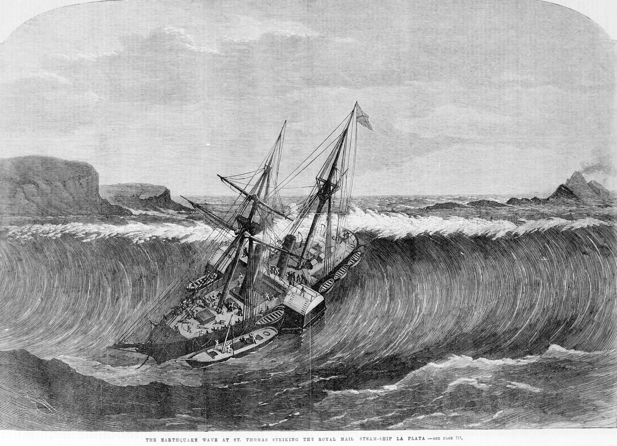 Tsunamin 1867. Jordbävningen i Saint Thomas orsakade de stora vågorna som träffade linjefartyget "La Plata" 1867. av Unknown artist