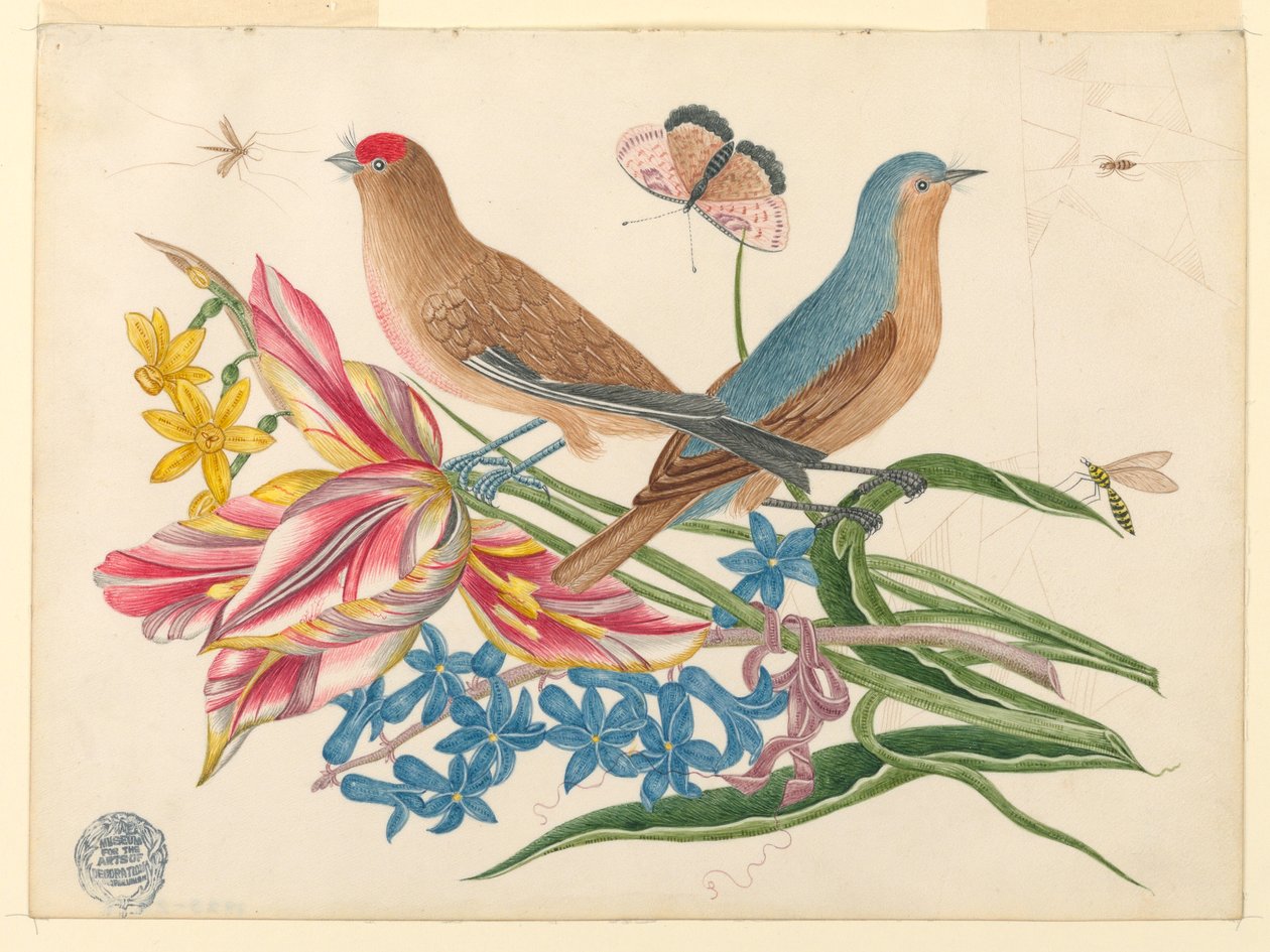 Två fåglar på en gren av tulpaner med insekter av Unknown artist