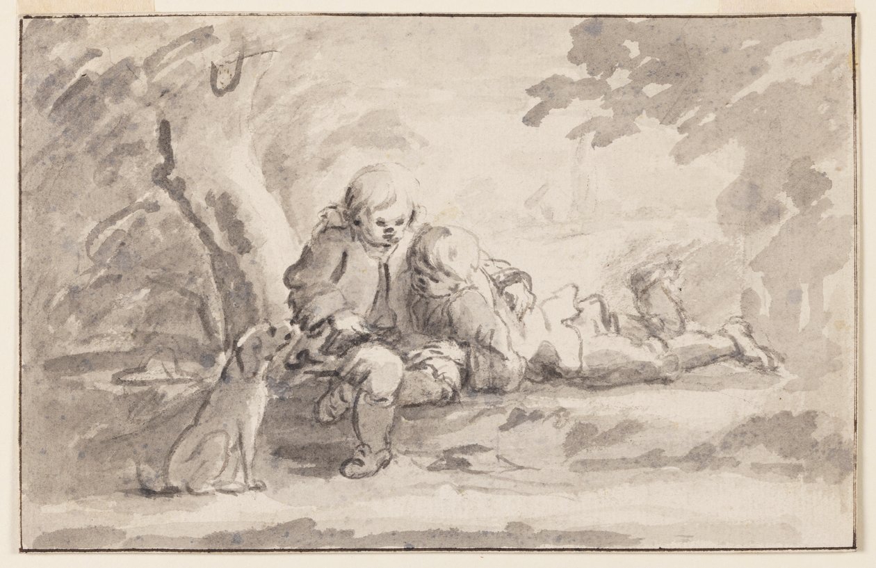 Två pojkar som tittar på en bok av Unknown artist