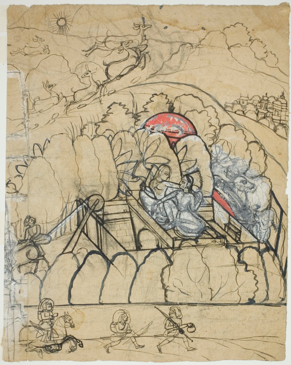 Två damer konverserar vid en trappbrunn (Baoli) i en muromgärdad trädgård av Unknown artist