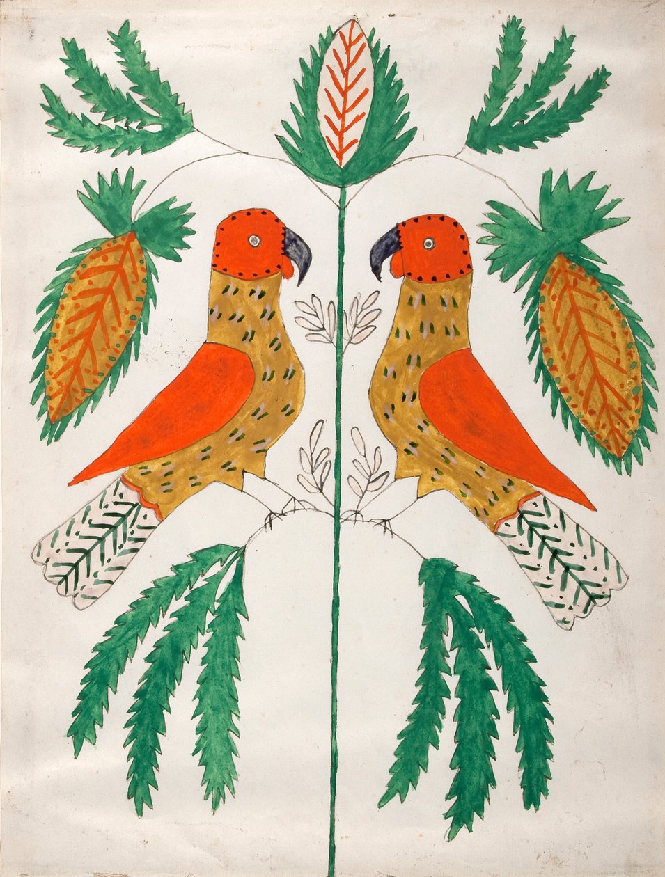 Två röda och gula papegojor vända mot varandra (gröna löv) av Unknown artist
